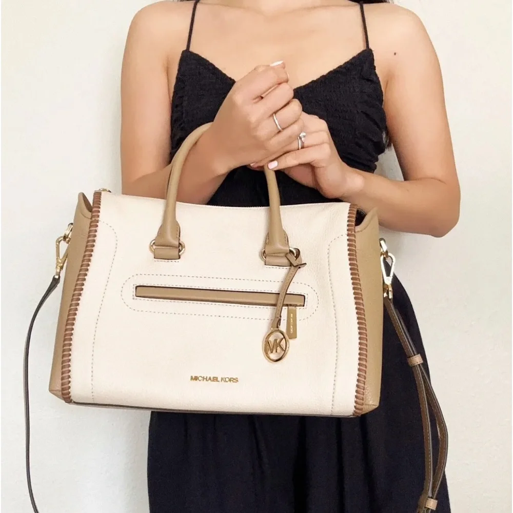 Michael Kors Carine Large Top Zip Satchel Crossbody Light Cream Multi Leather